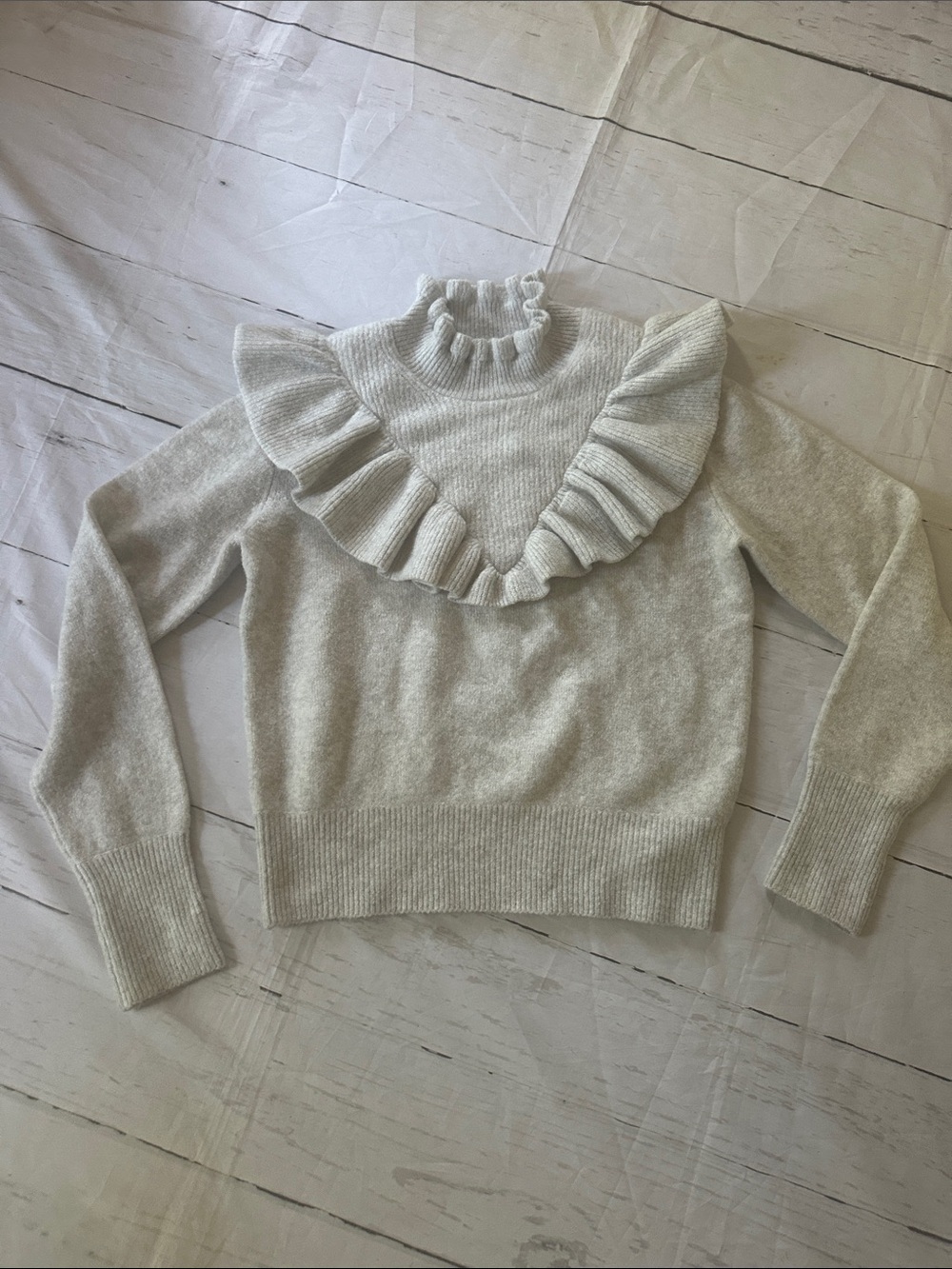 French Connection Dove Gray Ruffle mikcneck pullover Sweater medium